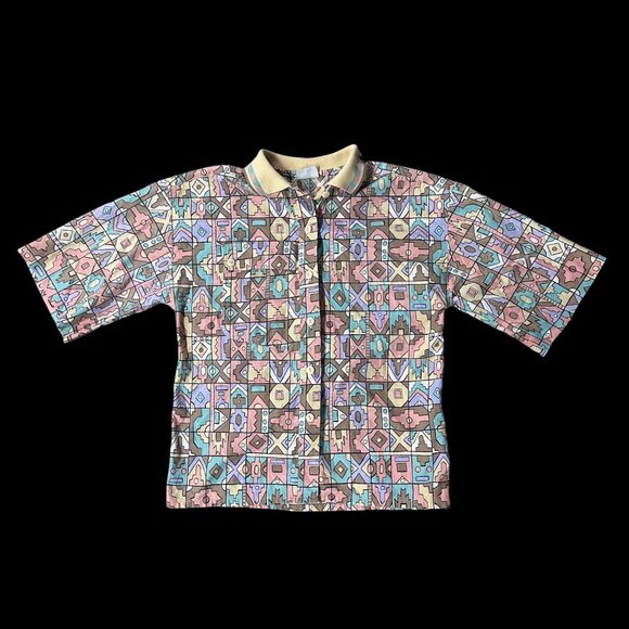 Vintage Aztec Shirt Geometric Pastel Tan Button Down Koret USA 1990s Womens - Picture 2 of 7